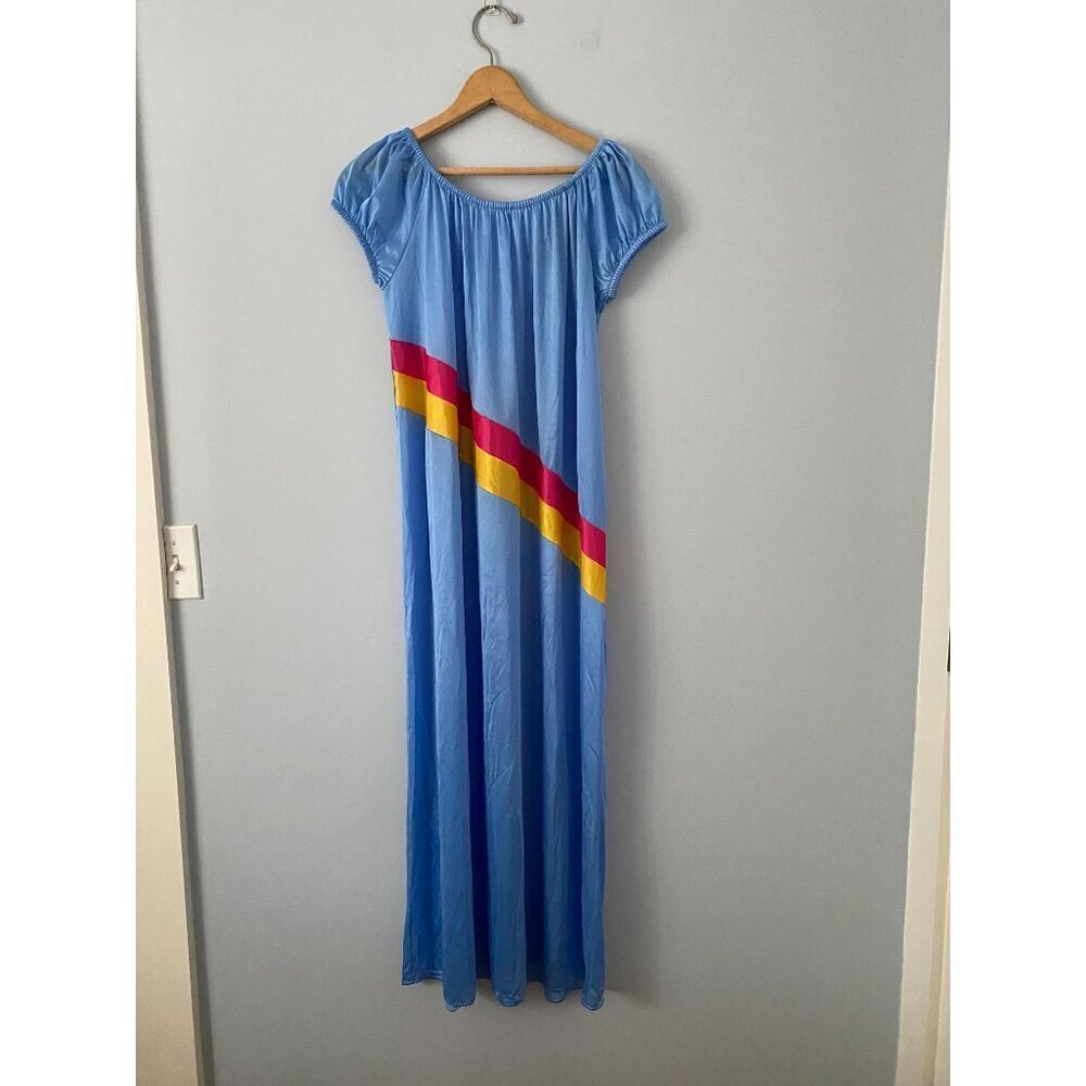 Vintage Summer Nightgown, Blue with Red and Yellow Diagonal Stripes, Size Medium